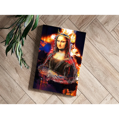 Vibrant graffiti Mona Lisa canvas print with fiery crown and paint splatters