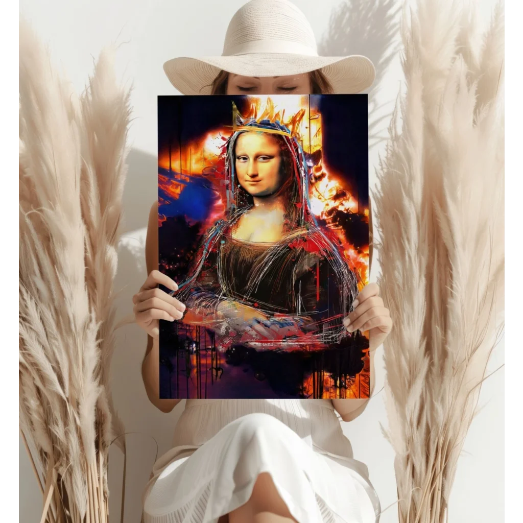 Vibrant graffiti Mona Lisa with fiery orange blue splashes on dark canvas print