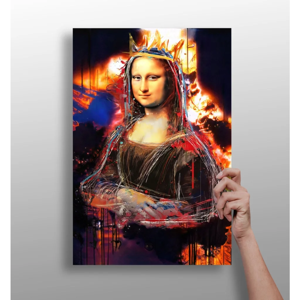 Vibrant Mona Lisa graffiti fire crown canvas art print