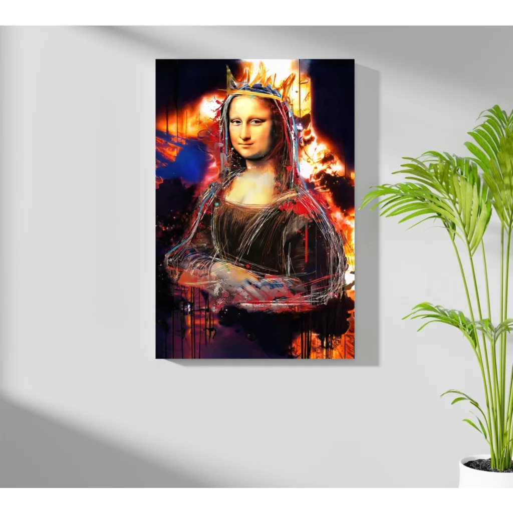 Vibrant graffiti Mona Lisa with golden crown on fiery orange black canvas