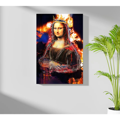 Vibrant graffiti Mona Lisa with golden crown on fiery orange black canvas