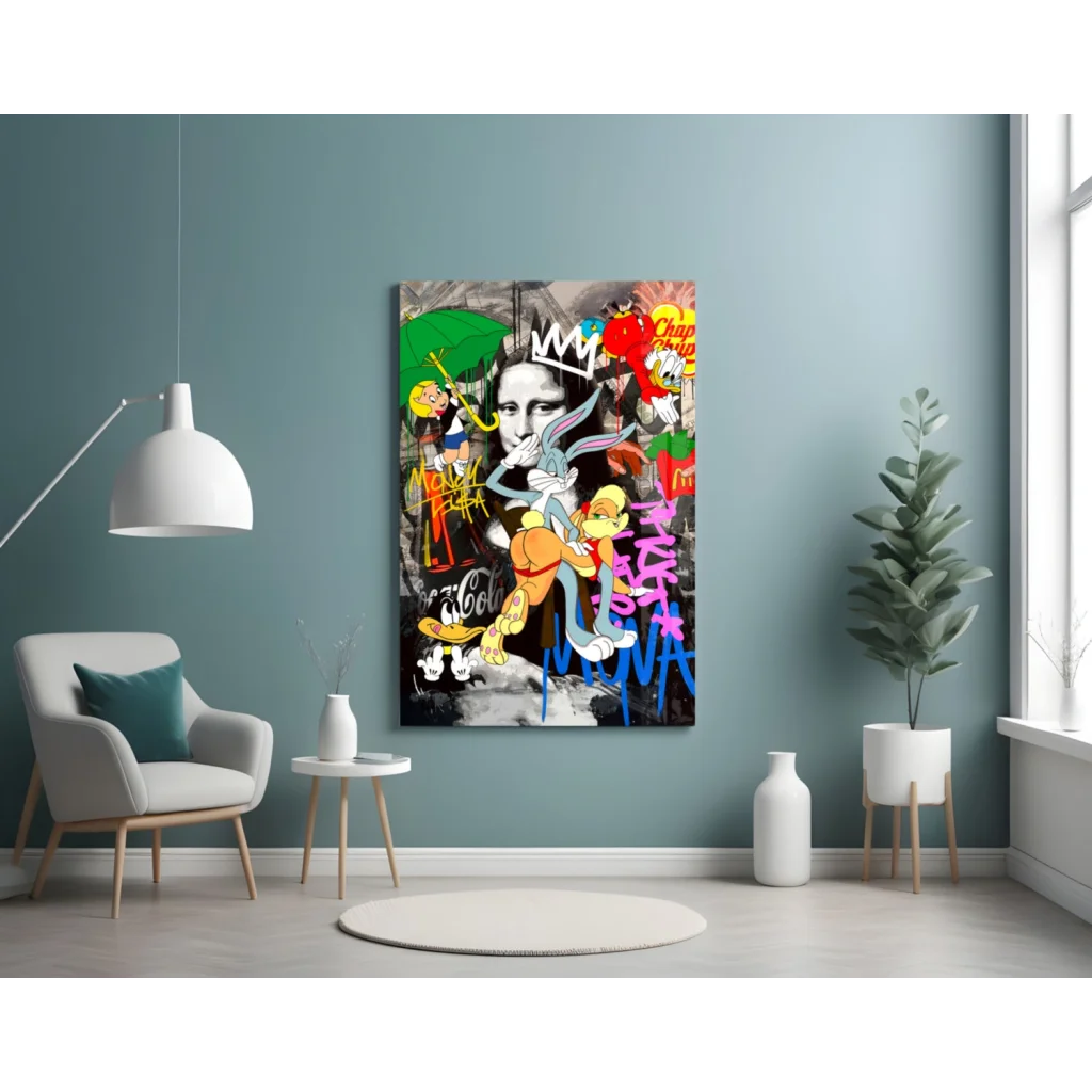 Vibrant Mona Lisa graffiti pop art canvas wall art with Looney Tunes fusion
