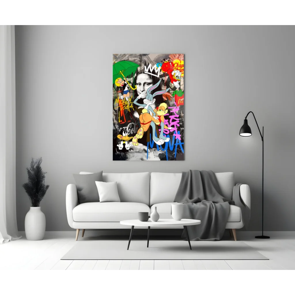 Vibrant graffiti Mona Lisa pop art canvas wall art with cartoon characters