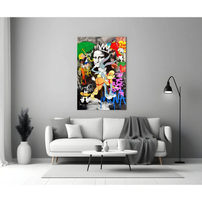 Vibrant graffiti Mona Lisa pop art canvas wall art with cartoon characters