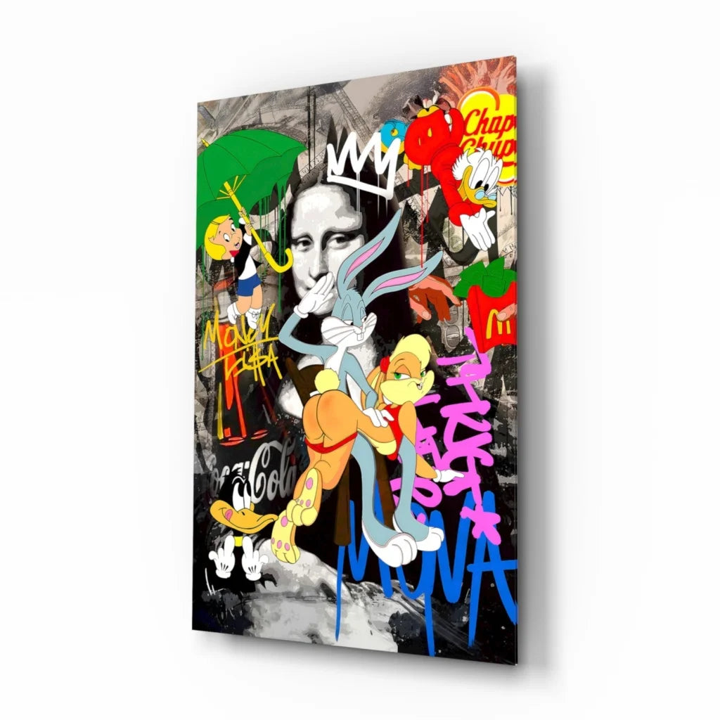 Vibrant Mona Lisa graffiti pop art canvas wall art with cartoon icons