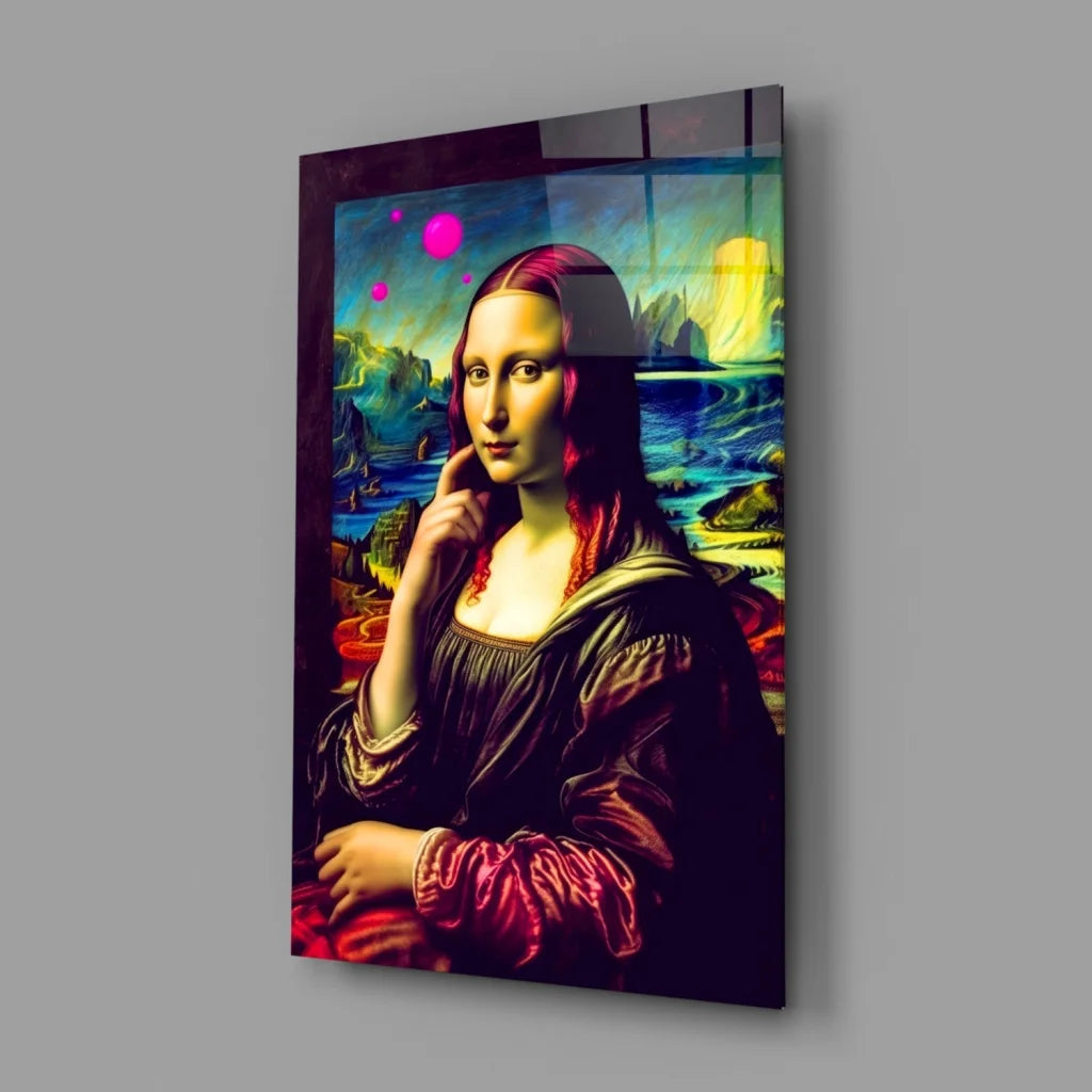 Vibrant cosmic Mona Lisa glass wall art in electric neon colors