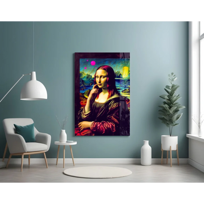 Cosmic Mona Lisa glass wall art in vibrant neon pink and yellow