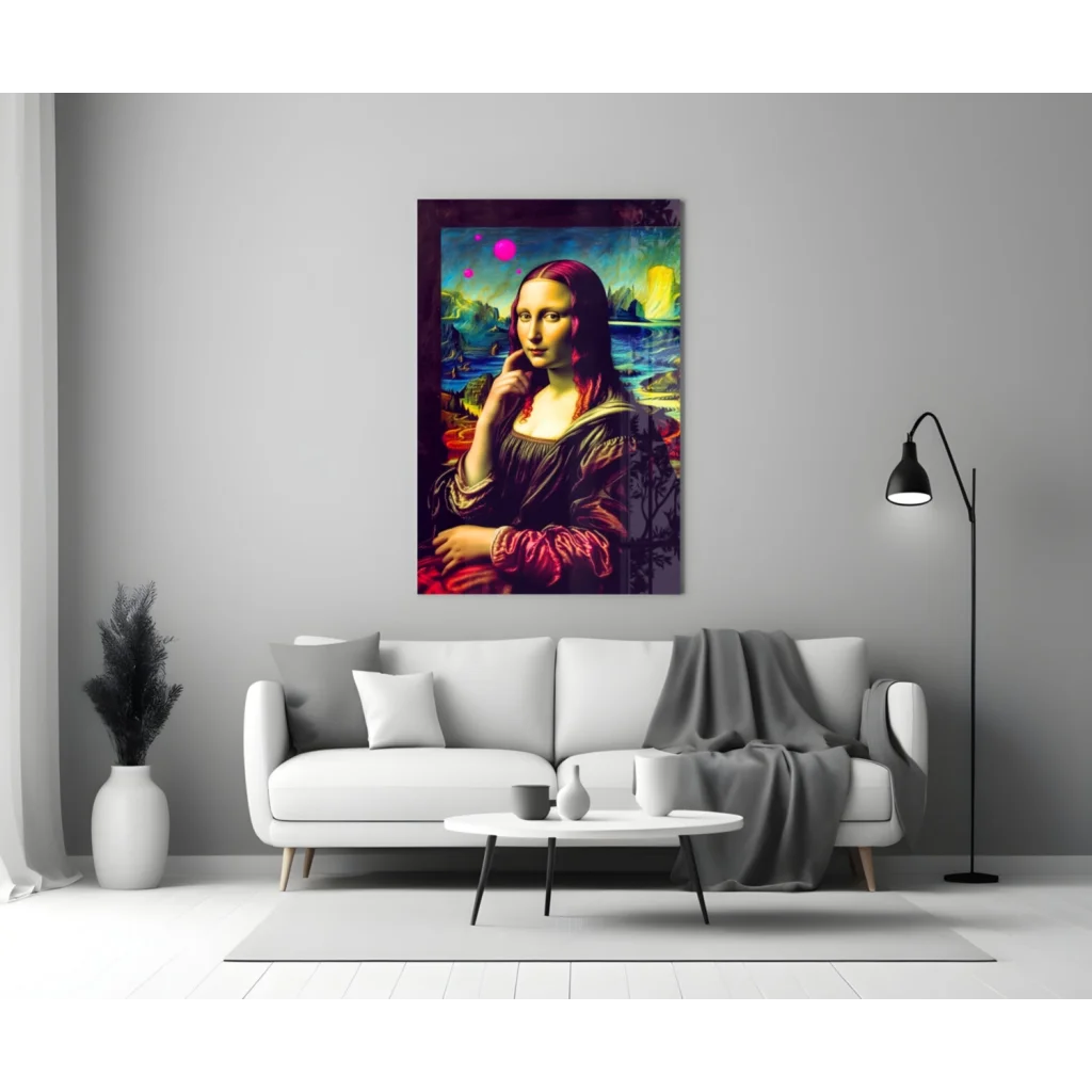 Vibrant cosmic Mona Lisa glass wall art in electric neon colors
