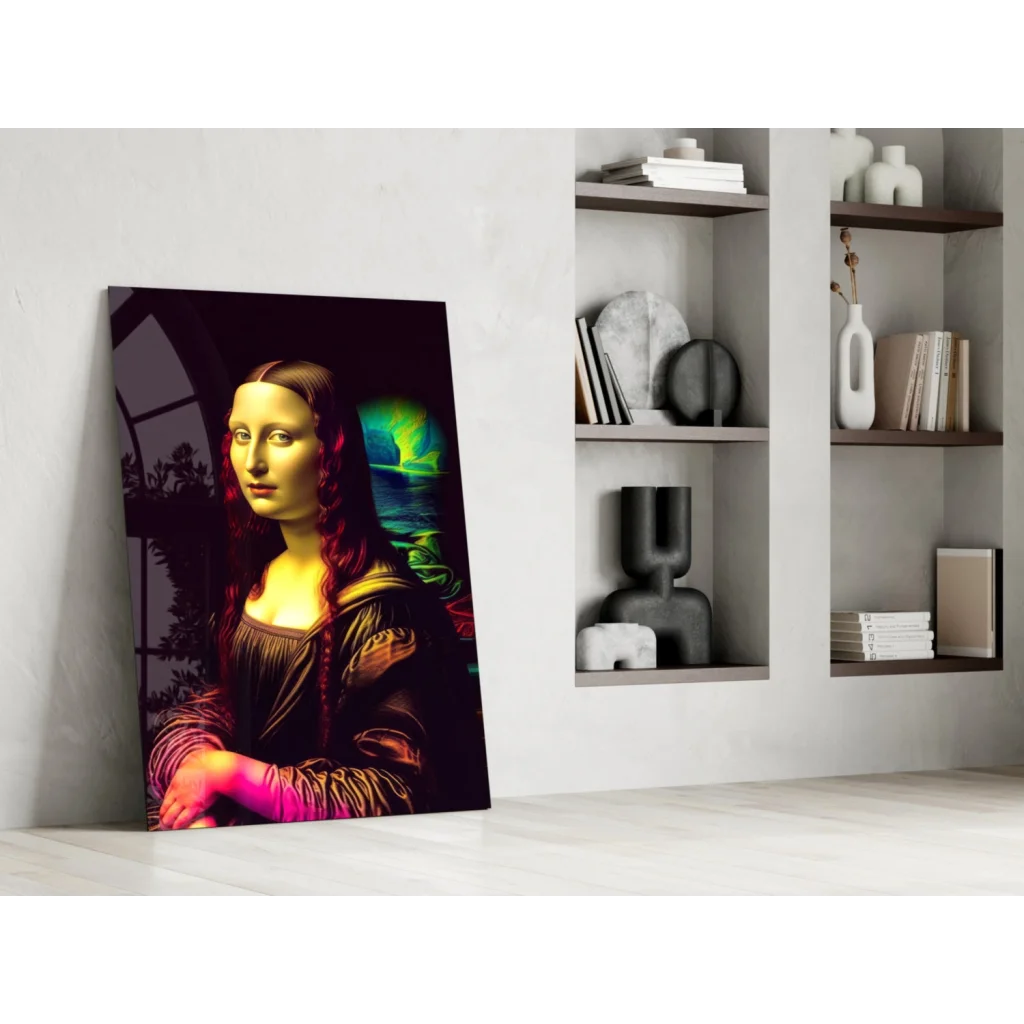 Vibrant neon Mona Lisa glass wall art print for stunning spaces
