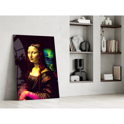 Vibrant neon Mona Lisa glass wall art print for stunning spaces