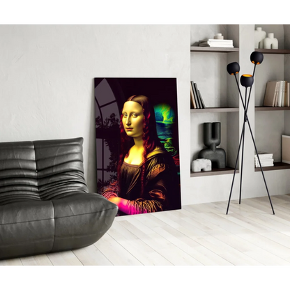 Vibrant neon Mona Lisa glass wall art print on dark background