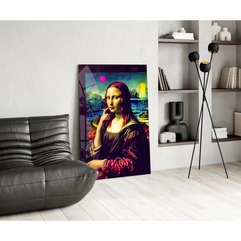 Psychedelic Mona Lisa glass wall art in electric neon colors