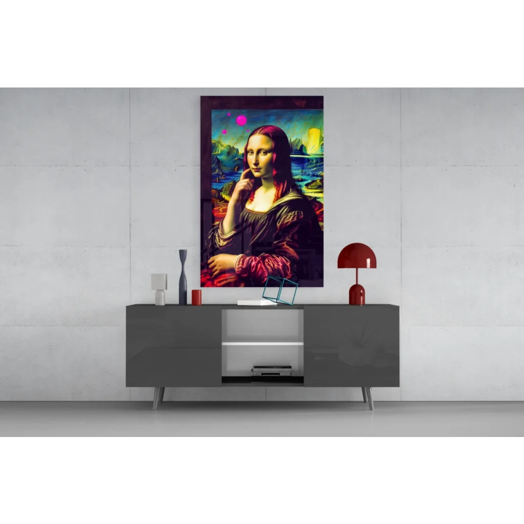 Vibrant cosmic Mona Lisa glass wall art in neon pink and yellow