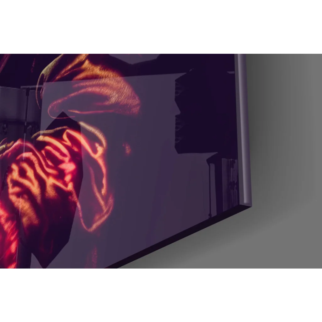 Vibrant cosmic Mona Lisa glass wall art in electric neon fiery hues