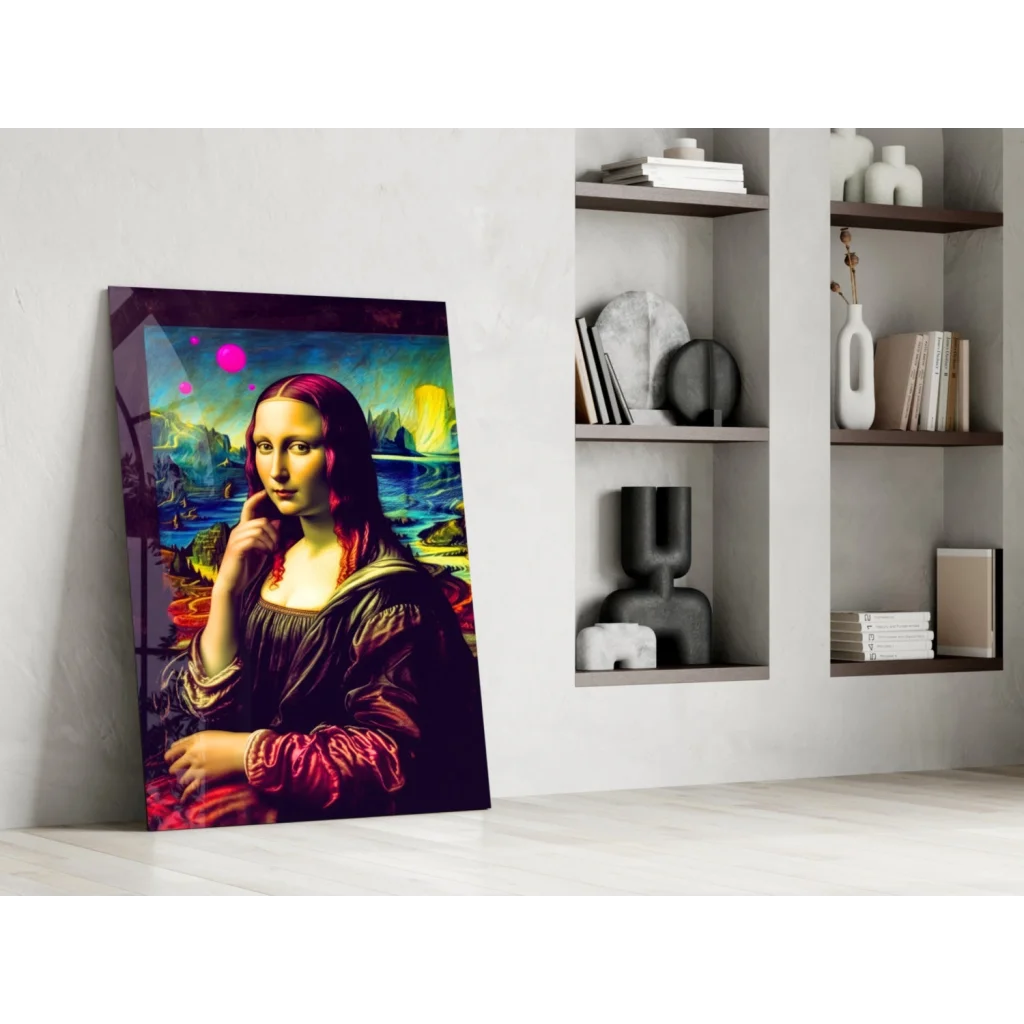 Vibrant cosmic Mona Lisa glass wall art in electric neon colors