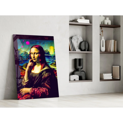 Vibrant cosmic Mona Lisa glass wall art in electric neon colors