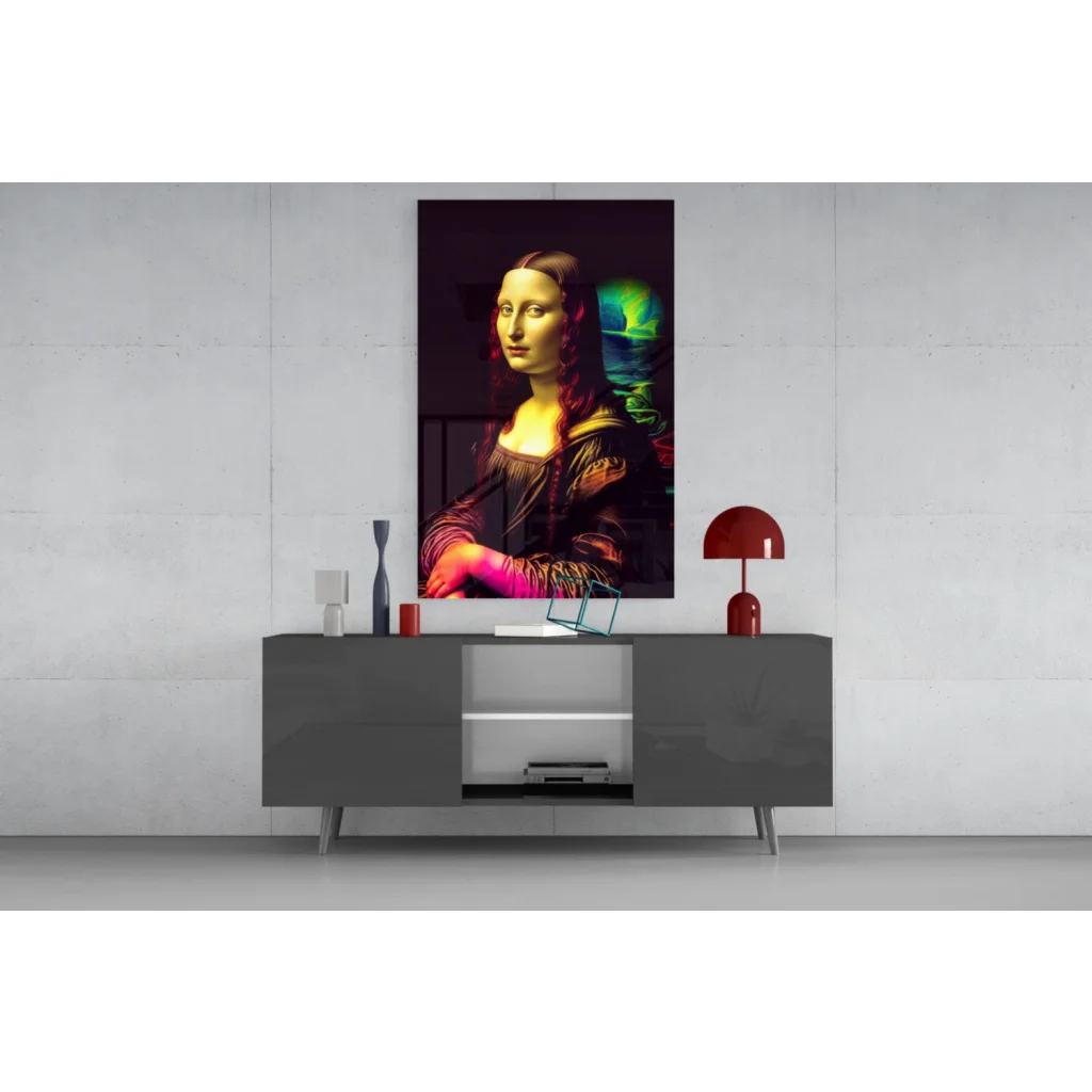 Vibrant neon Mona Lisa glass wall art print for stunning spaces