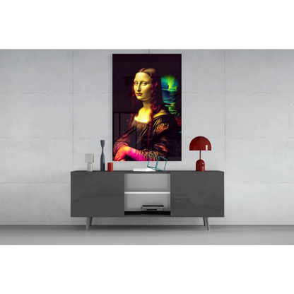 Vibrant neon Mona Lisa glass wall art print for stunning spaces