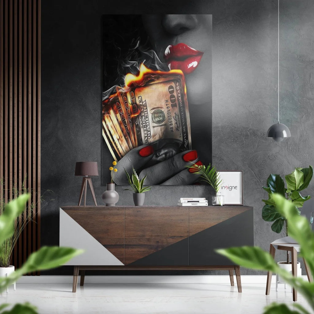 Bold black-and-white woman’s lips and burning bills on brushed aluminium dibond art