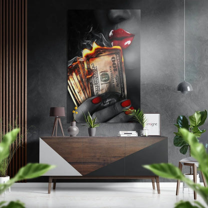 Bold black-and-white woman’s lips and burning bills on brushed aluminium dibond art