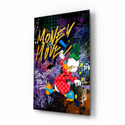 Vibrant Scrooge McDuck glass wall art in Louis Vuitton suit holding dollars