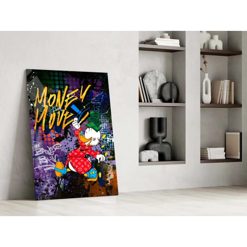 Vibrant glass wall art of cartoon duck in red attire holding top hat with money move text