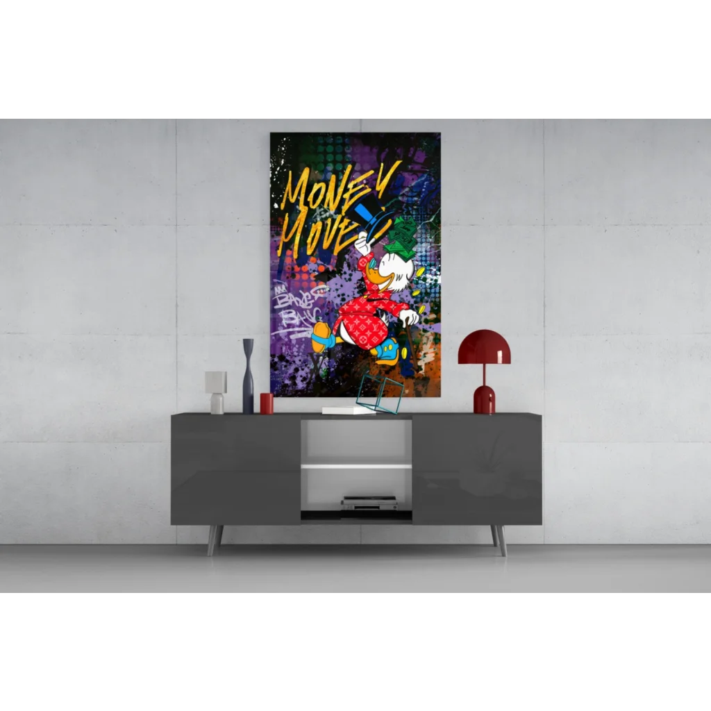 Vibrant graffiti duck on glass wall art, money mover text, purple black background