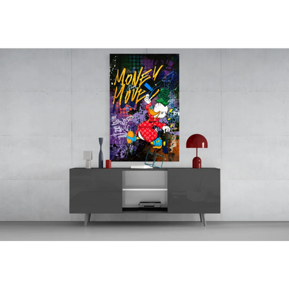 Vibrant graffiti duck on glass wall art, money mover text, purple black background