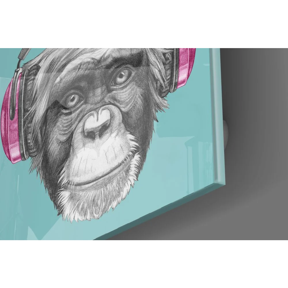 Chimpanzee in pink headphones tempered glass art sketch