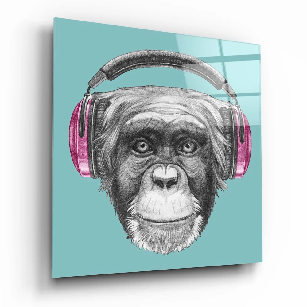 Stylish chimpanzee with pink headphones tempered glass art