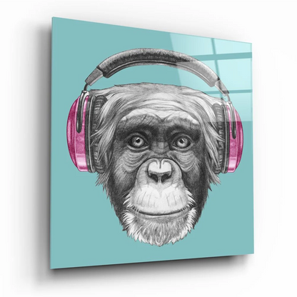 Stylish chimpanzee with pink headphones tempered glass art