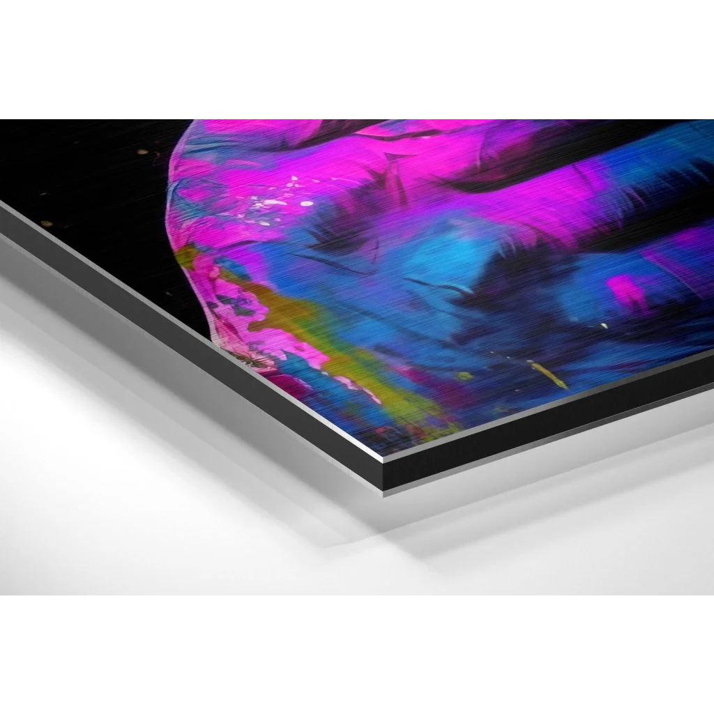 Vibrant abstract art print on brushed aluminium dibond with swirling magenta, blue, green hues