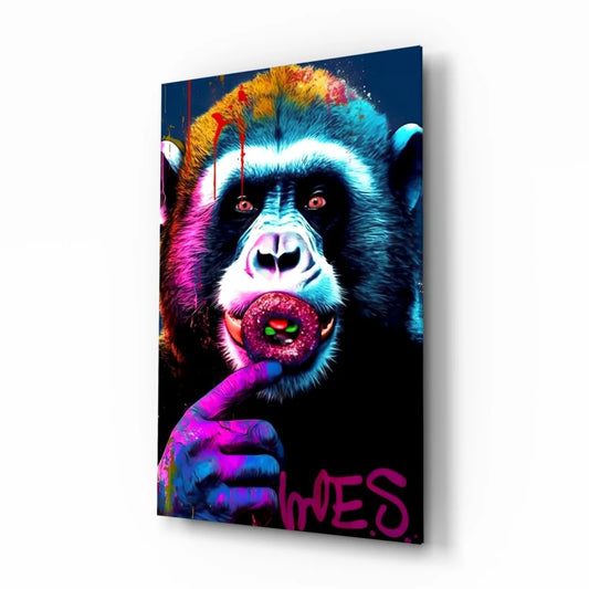 Neon Monkey Glass Wall Art Canvas Print with Rainbow Graffiti Style | Insigneart USA | vintageantiquesgifts.com