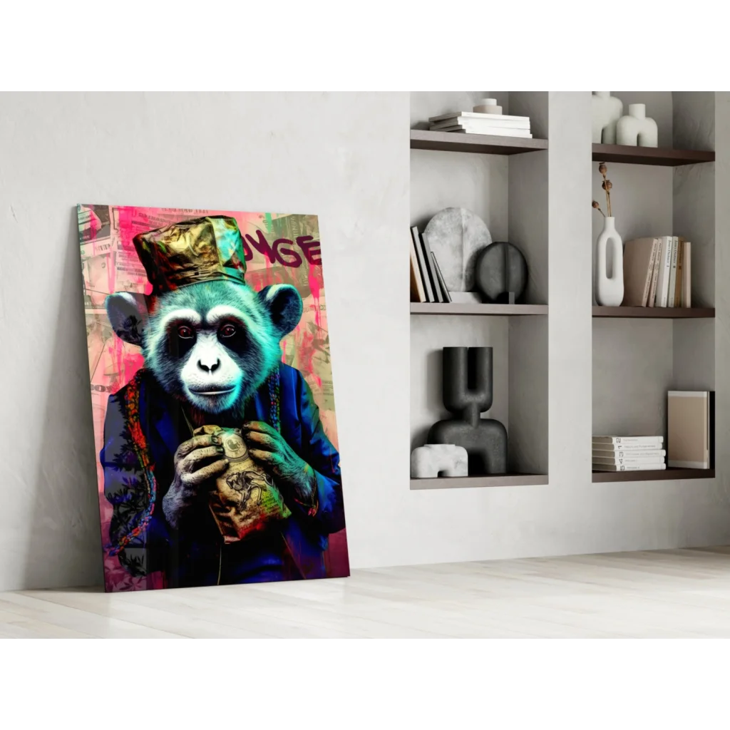 Vibrant graffiti monkey wall art canvas print with turquoise monkey in gold hat
