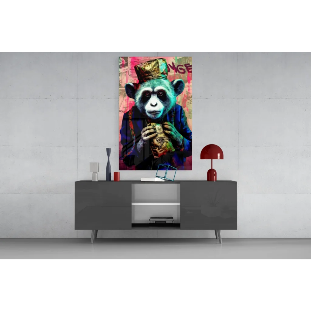 Teal crowned monkey in blue suit holds cash on graffiti canvas wall art