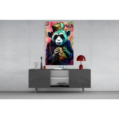 Teal crowned monkey in blue suit holds cash on graffiti canvas wall art