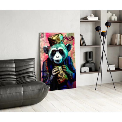 Vibrant graffiti monkey wall art canvas print with teal monkey in gold top hat