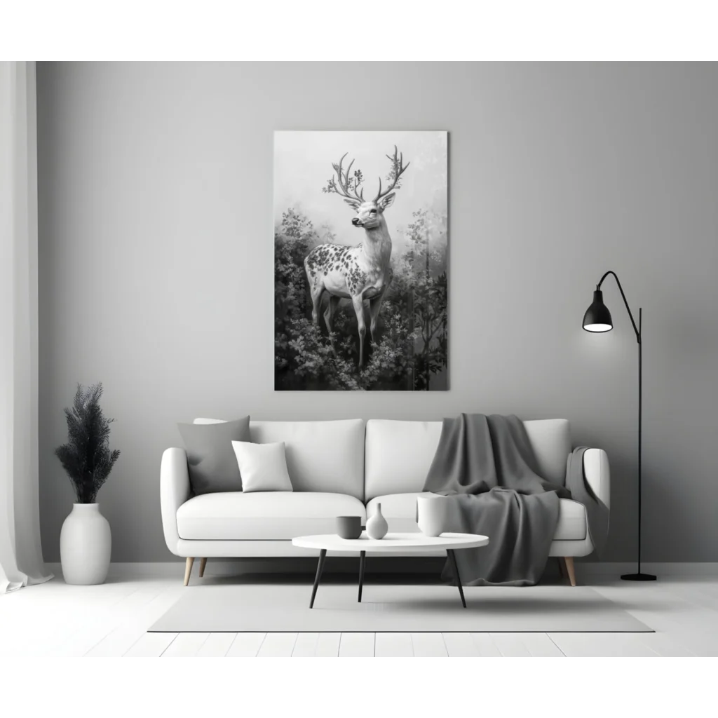 Majestic stag in misty forest black-and-white canvas wall art on wall