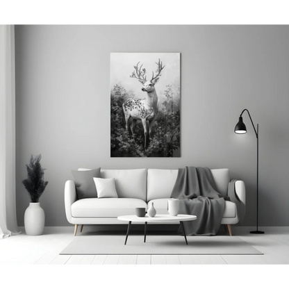 Majestic stag in misty forest black-and-white canvas wall art on wall