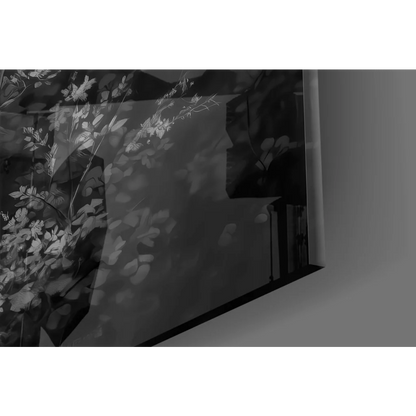 Black-framed misty forest stag glass wall art with translucent florals