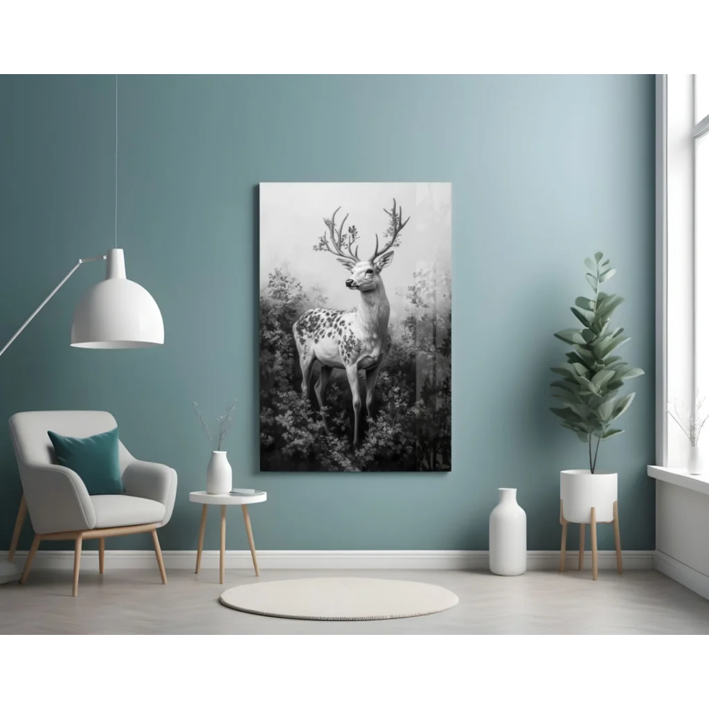 Majestic black-and-white stag wall art canvas with foliage antlers on teal wall