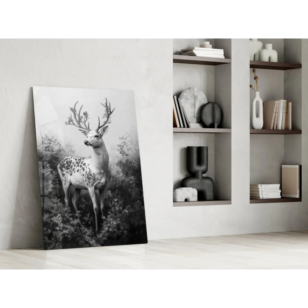 Majestic stag wall art canvas print of spotted deer with foliage antlers