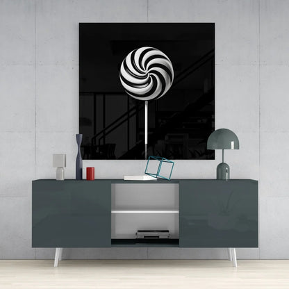 Black and white swirl tempered glass art lollipop on glossy canvas