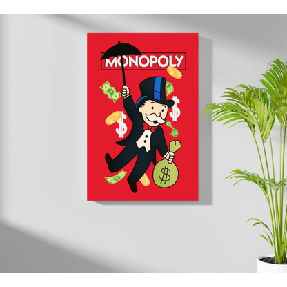 Vibrant Monopoly character on insigne aluminum print with falling dollars