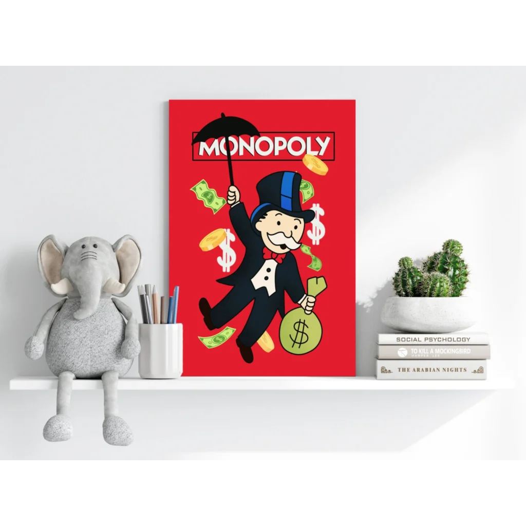 Monopoly character in tuxedo on vibrant red insigne aluminum print