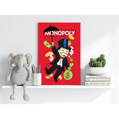 Monopoly character in tuxedo on vibrant red insigne aluminum print