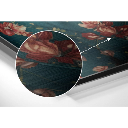 Stunning brushed aluminium dibond floral wall art with red blossoms