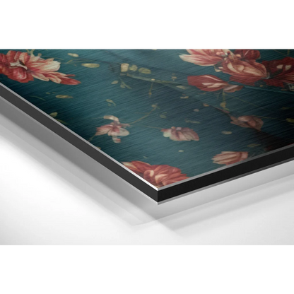 Teal floral print on brushed aluminium dibond with red pink blossoms