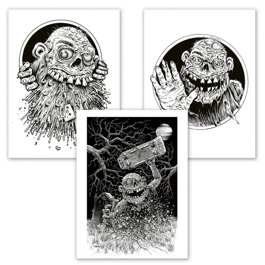 Monster Print Set with Zombie Creatures and Anthrax Patches featuring black and white prints