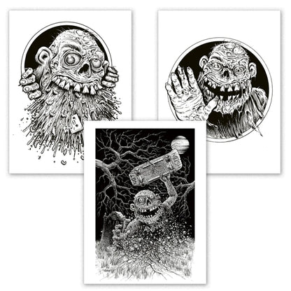 Monster Print Set with Zombie Creatures and Anthrax Patches featuring black and white prints